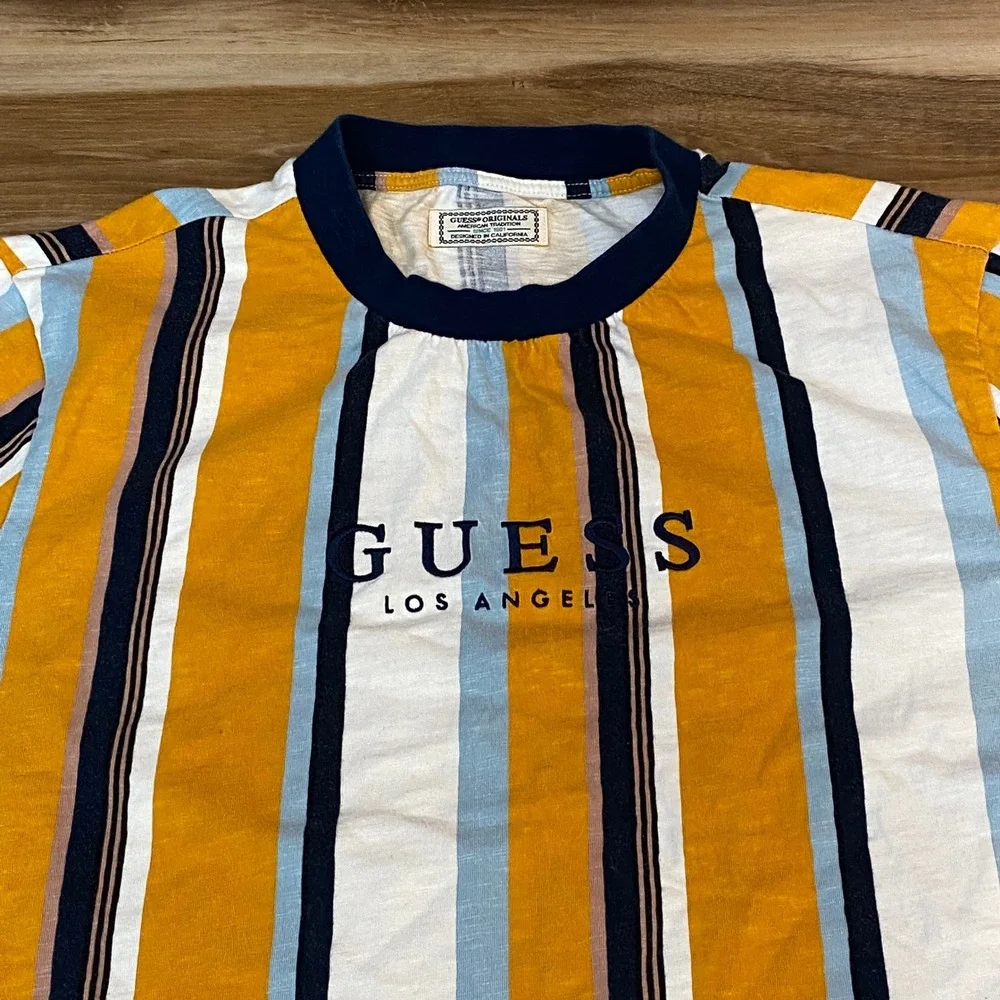 Guess Originals Los Angeles Striped T-Shirt Mens Medium Yellow Blue M91P98R5DD5 - Picture 2 of 9